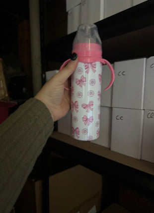 Pre-Made Pink Bows White Daisies Baby Bottle